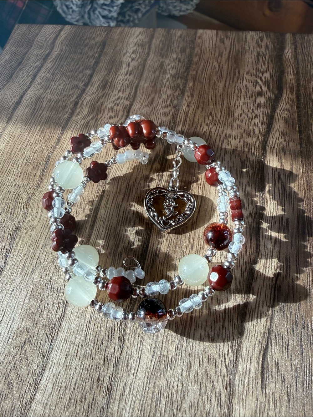 Silver Heart Charm Coil Bracelet with Brown and Pale Green Beads